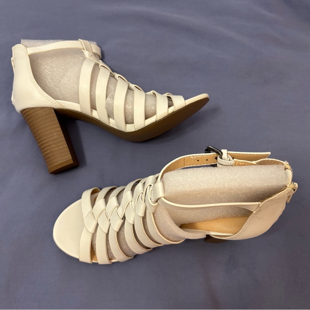 White and Brown Strappy Heeled Sandals
